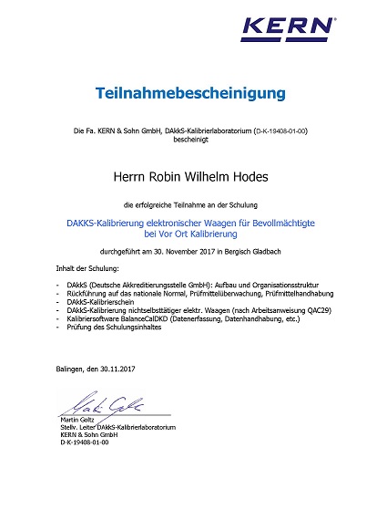 Teilnahmebescheingung Robin Wilhelm Hodes